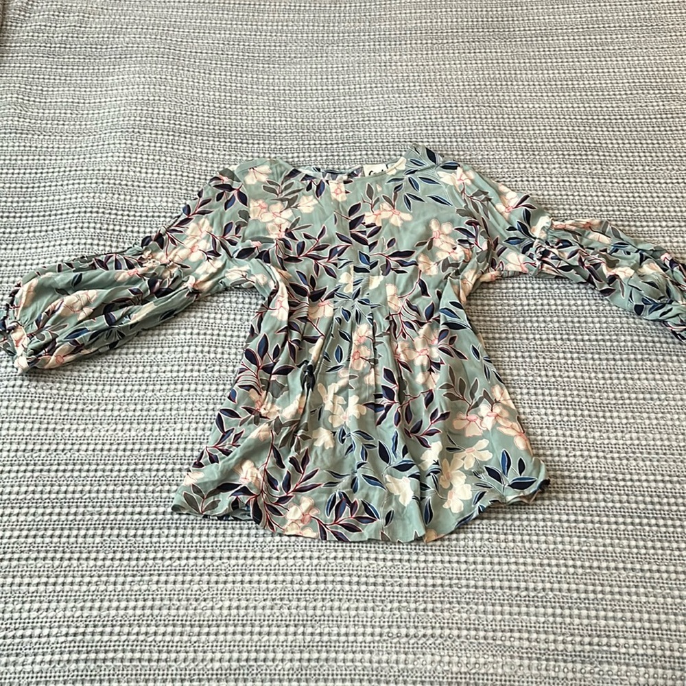 Light Sage Maternity Top with Cream Flower and Blue Leaves